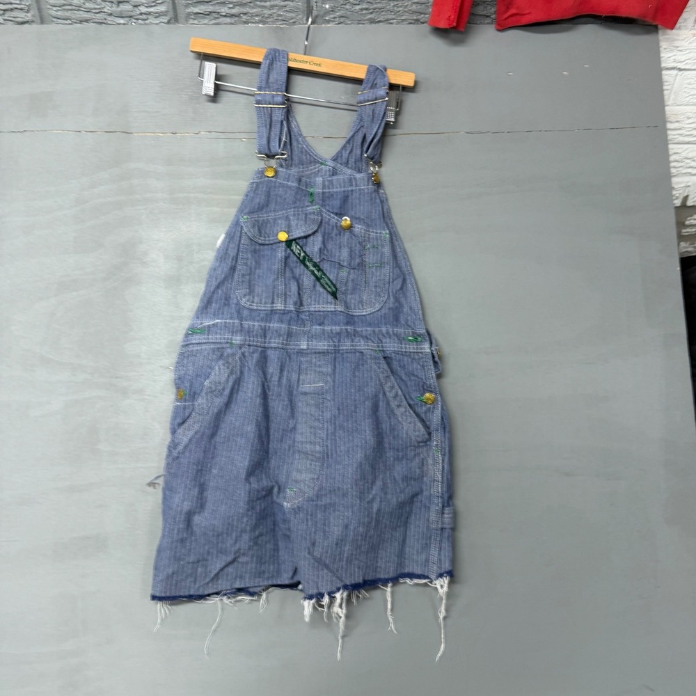 Vintage Key Imperial Hickory Stripe Denim Bib Overall Dress Raw Hem Blue White - Picture 2 of 5